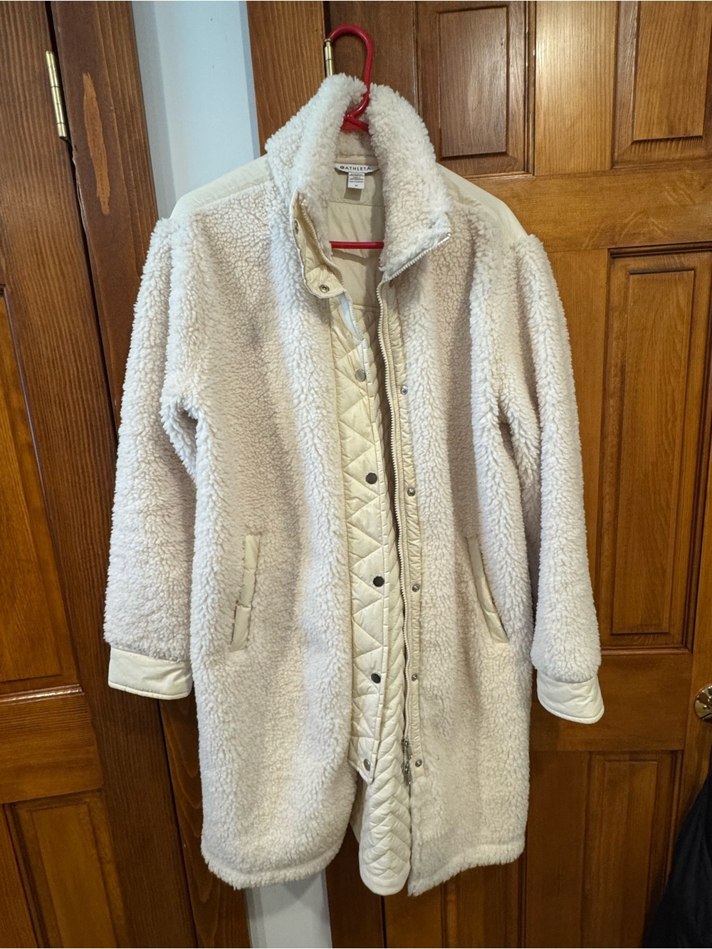 Athleta Cream Sherpa Teddy Coat with Quilted Placket Detail